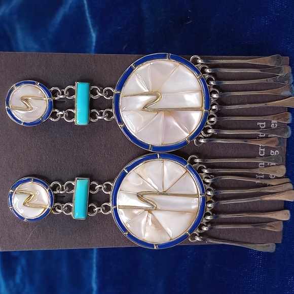 Mother of Pearl, Lapis & Tur on Sterling Silver Large Dangle Earrings Post Style - Picture 4 of 15
